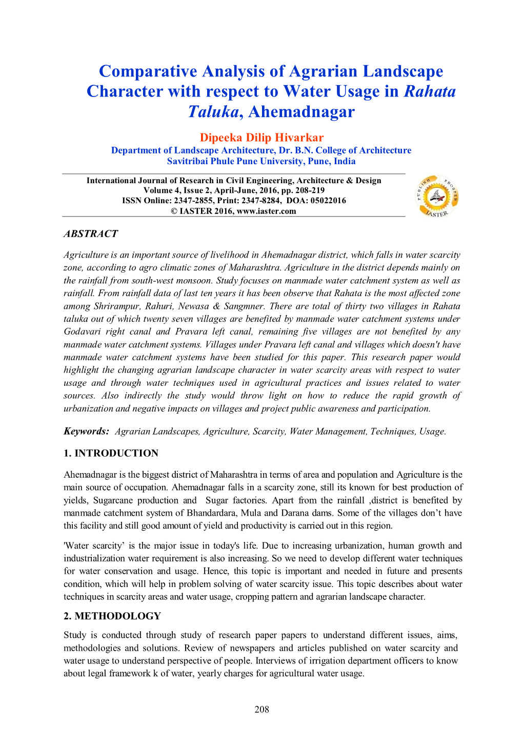 Comparative Analysis of Agrarian Landscape Character with Respect to Water Usage in Rahata Taluka, Ahemadnagar