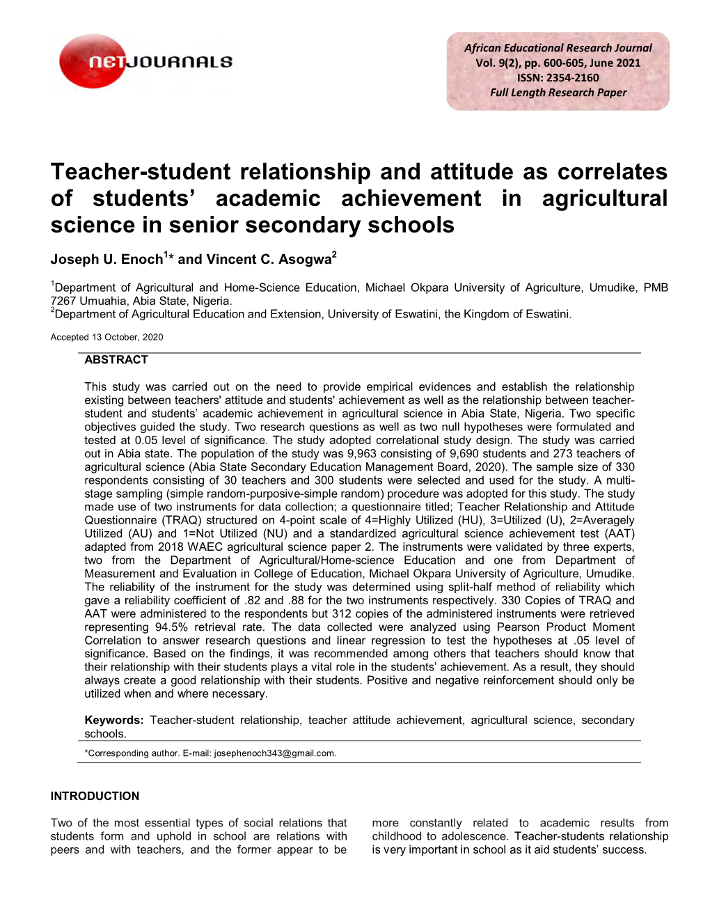 Teacher-Student Relationship and Attitude As Correlates of Students’ Academic Achievement in Agricultural Science in Senior Secondary Schools