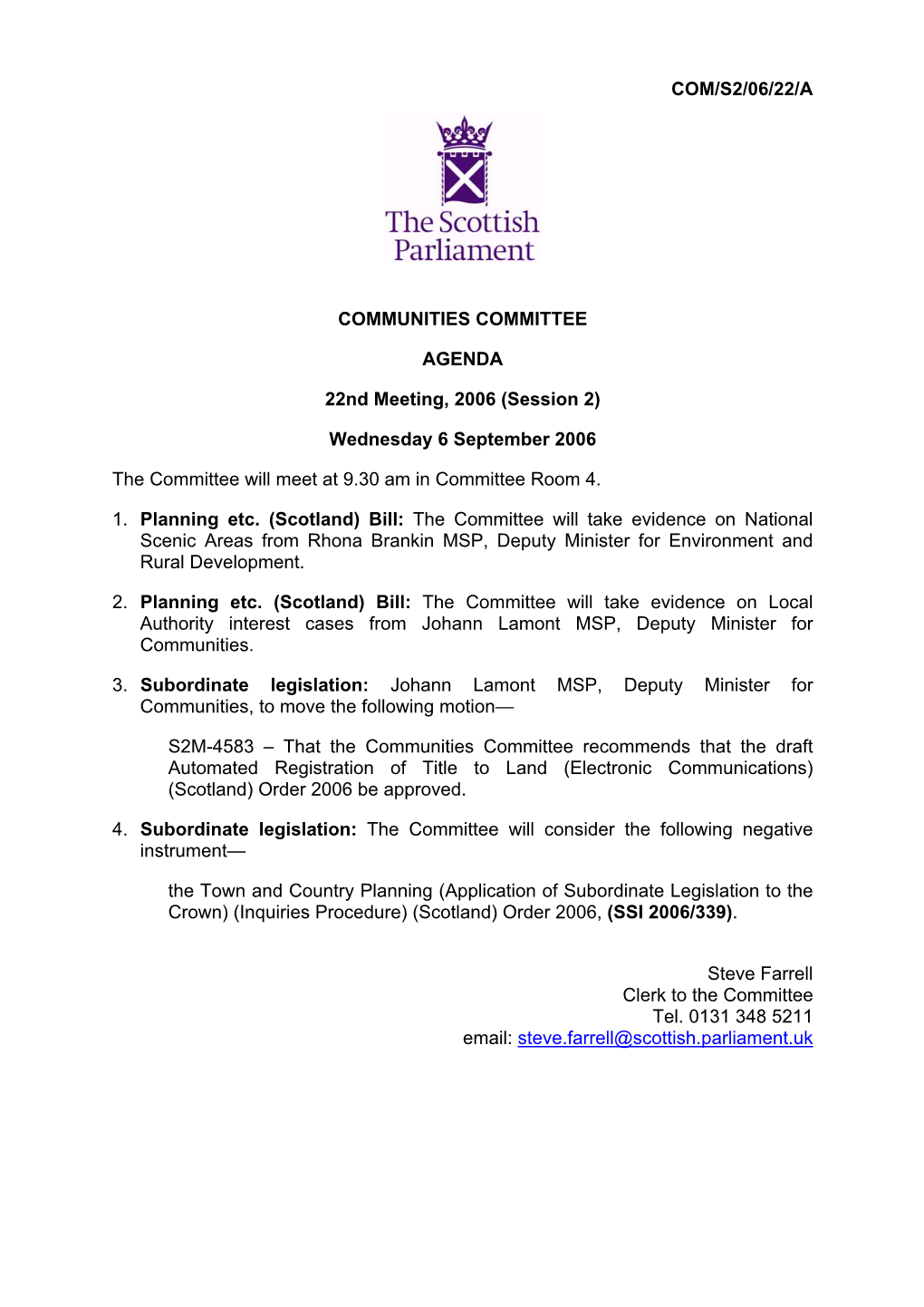 COM/S2/06/22/A COMMUNITIES COMMITTEE AGENDA 22Nd