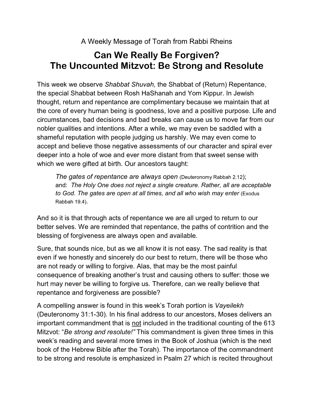 Can We Really Be Forgiven? the Uncounted Mitzvot: Be Strong and Resolute
