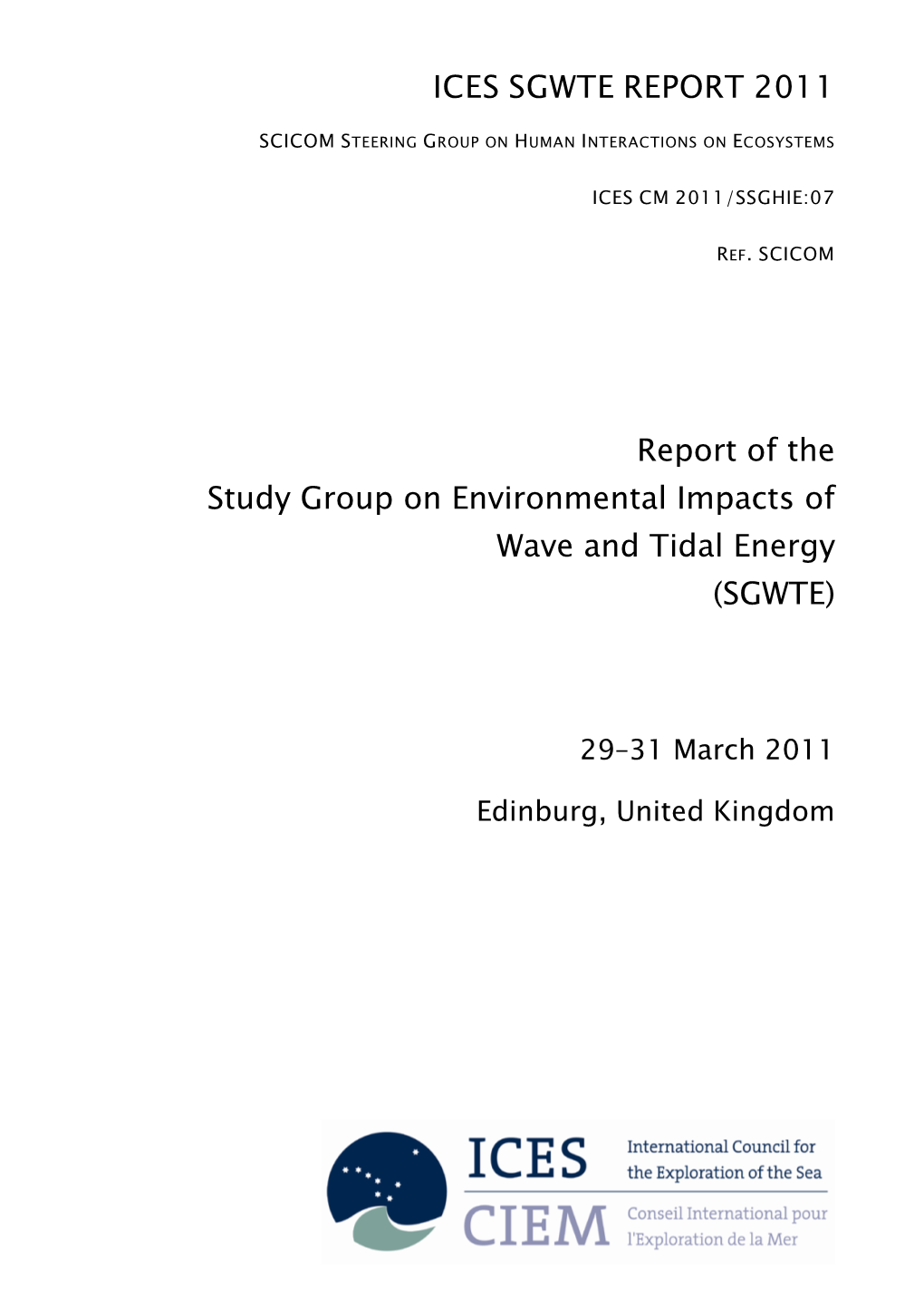 Report of the Study Group on Environmental Impacts of Wave and Tidal Energy (SGWTE)
