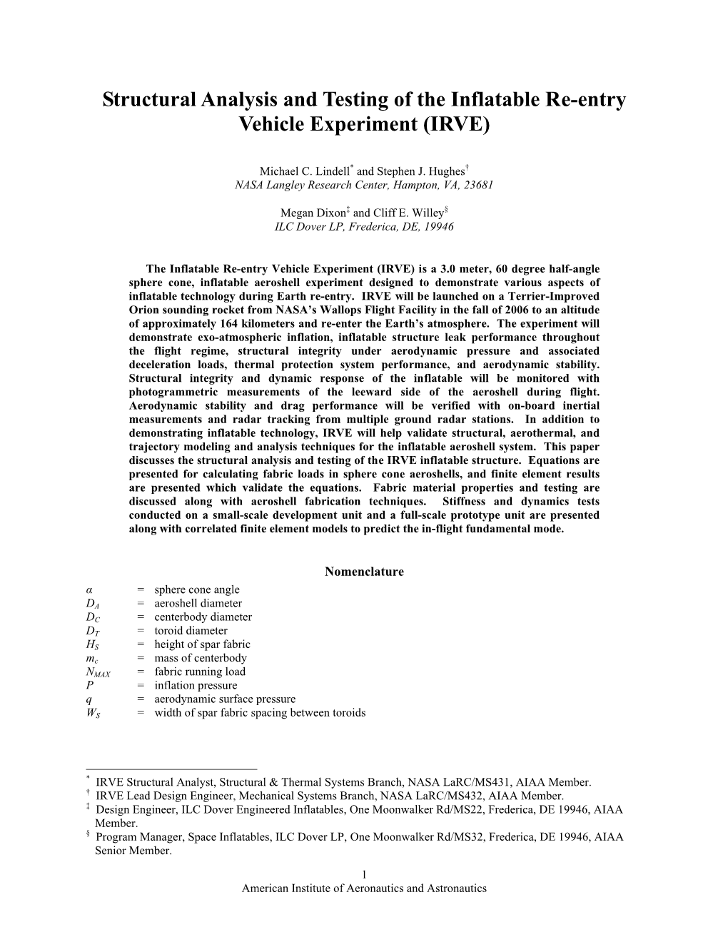 Structural Analysis and Testing of the Inflatable Re-Entry Vehicle Experiment (IRVE)