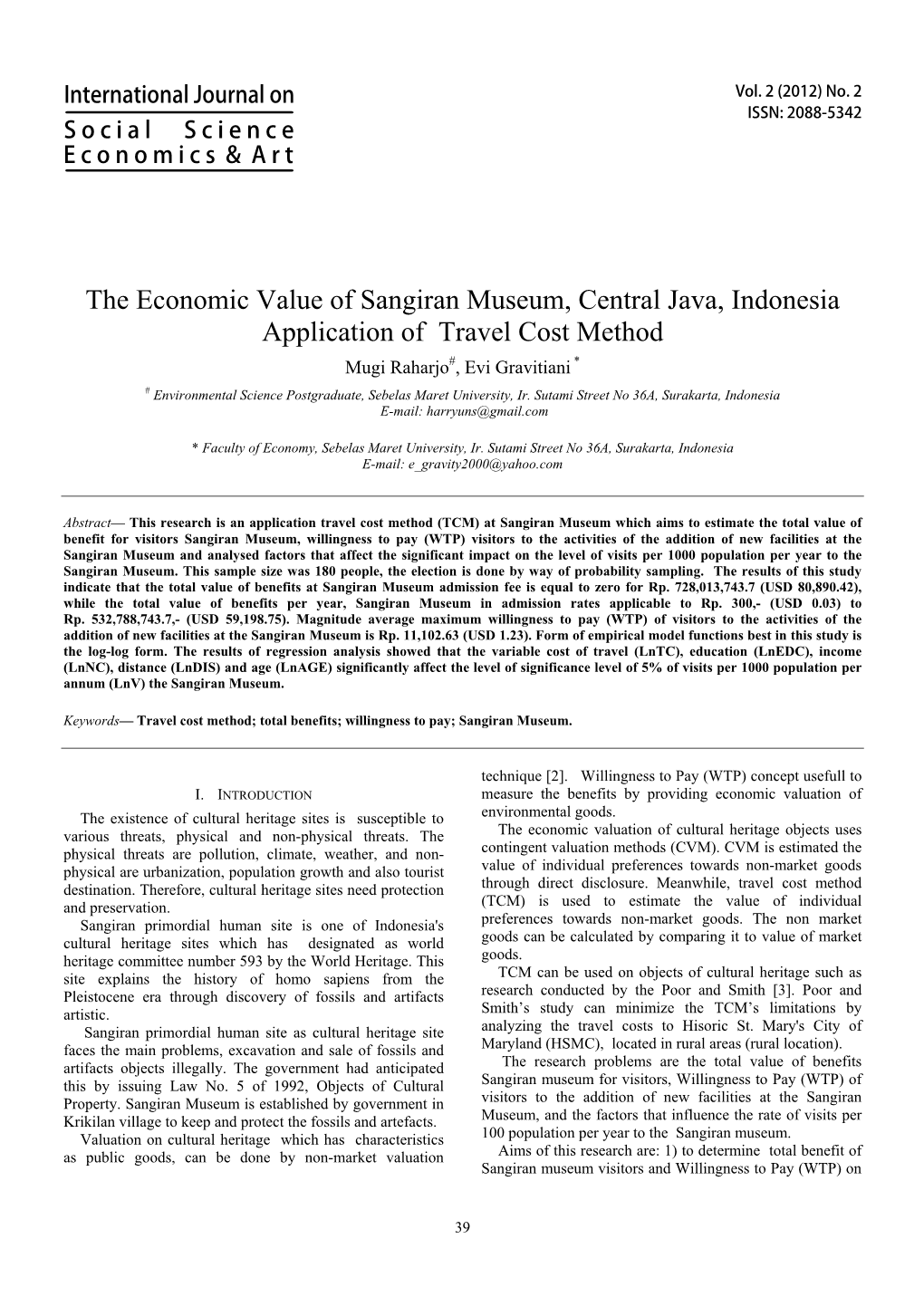 The Economic Value of Sangiran Museum, Central Java, Indonesia Application of Travel Cost Method