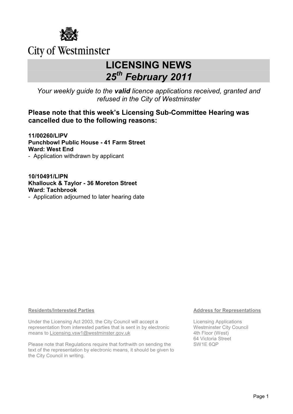 LICENSING NEWS 25Th February 2011