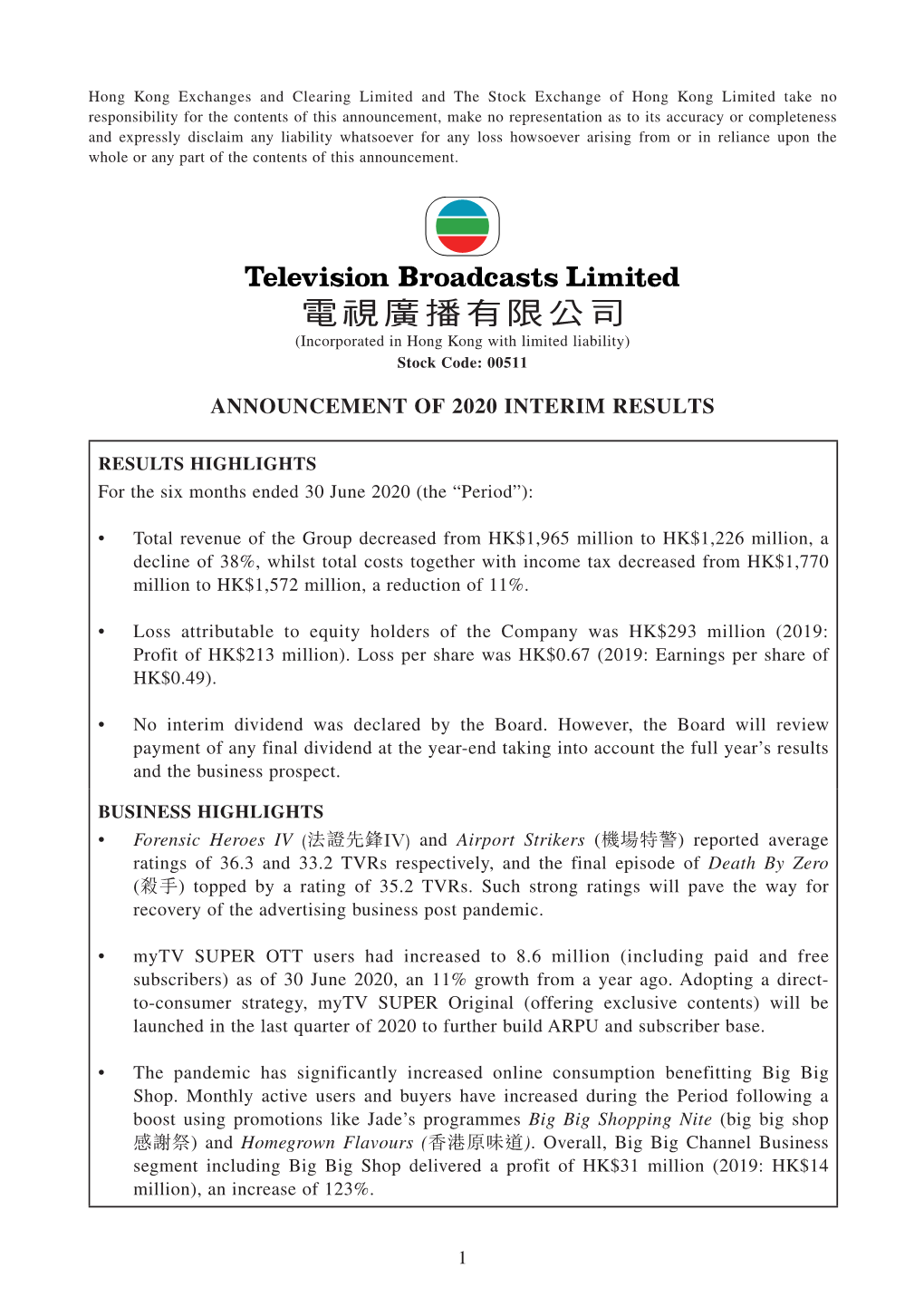 Announcement of 2020 Interim Results