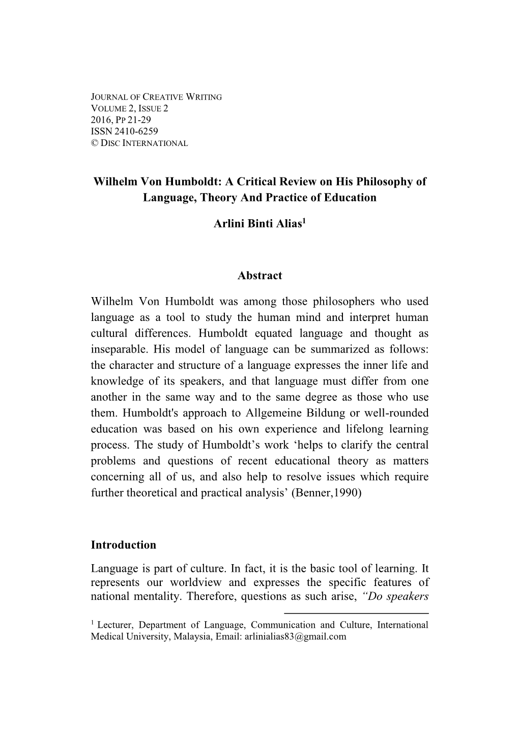 Wilhelm Von Humboldt: a Critical Review on His Philosophy of Language, Theory and Practice of Education