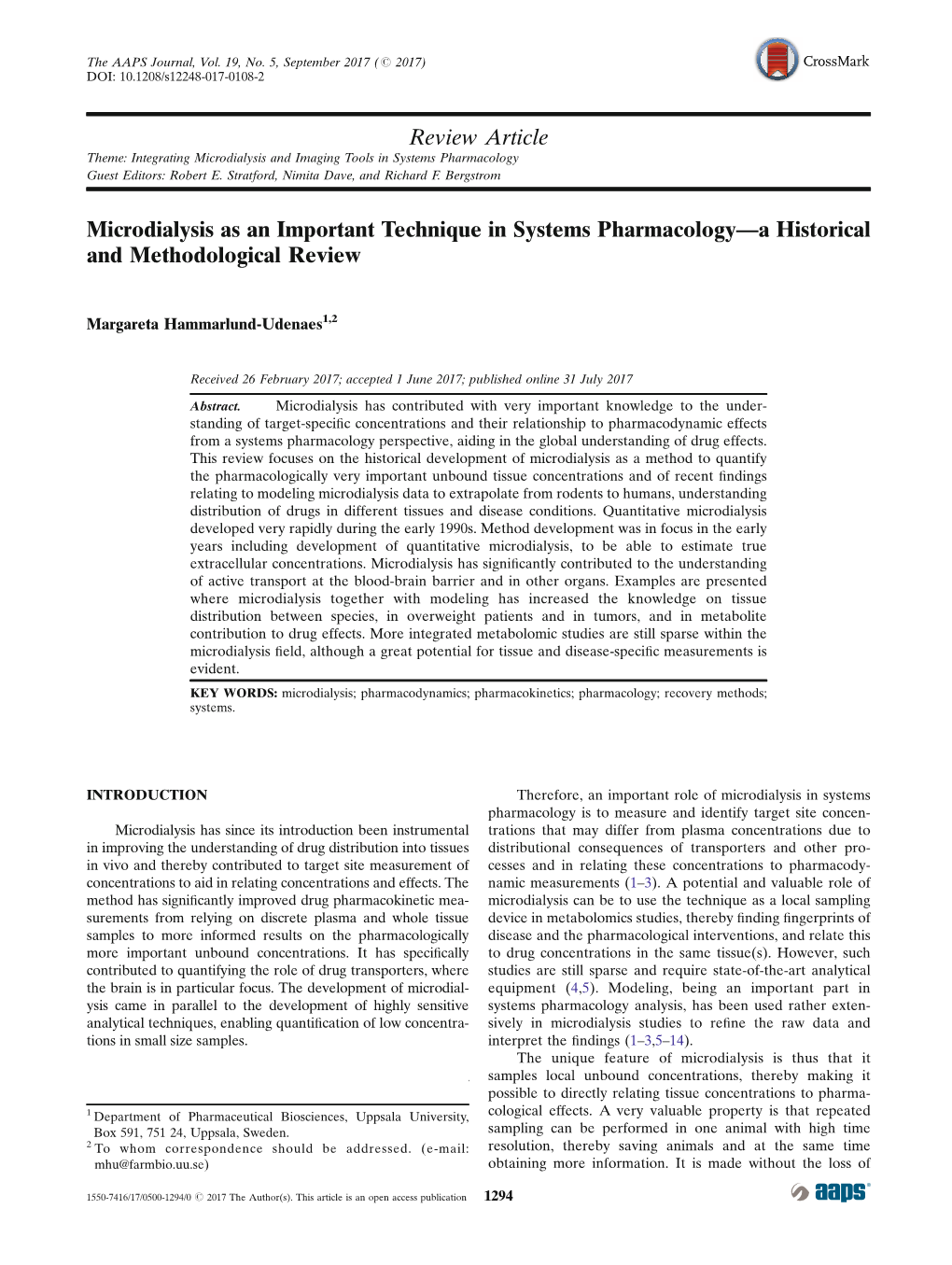 Microdialysis As an Important Technique in Systems Pharmacology—A Historical and Methodological Review