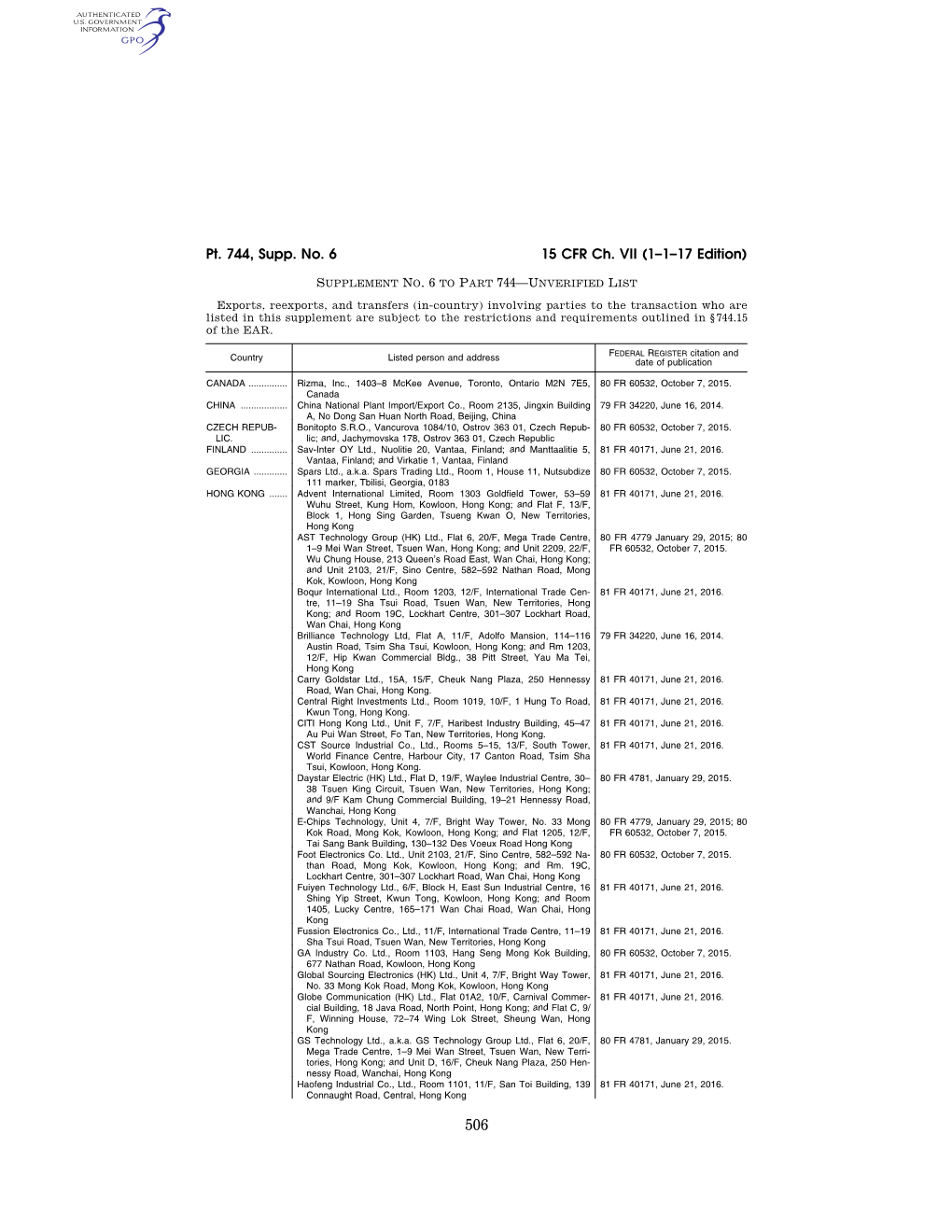15 CFR Ch. VII (1–1–17 Edition) Pt. 744, Supp. No. 6