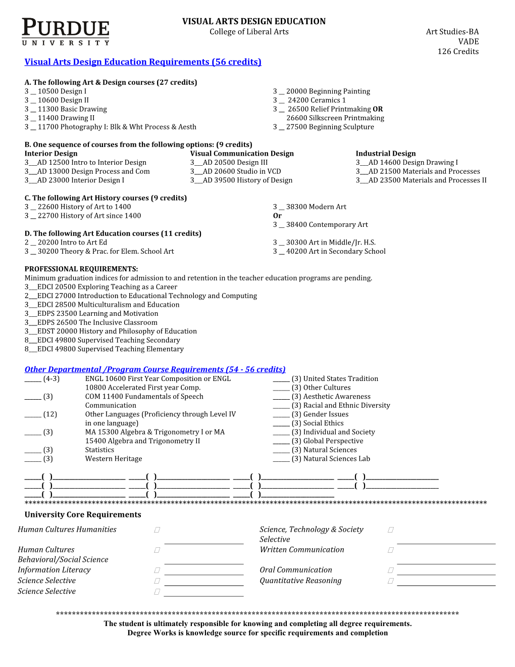 VISUAL ARTS DESIGN EDUCATION College of Liberal Arts Art Studies-BA VADE 126 Credits Visual Arts Design Education Requirements (56 Credits)