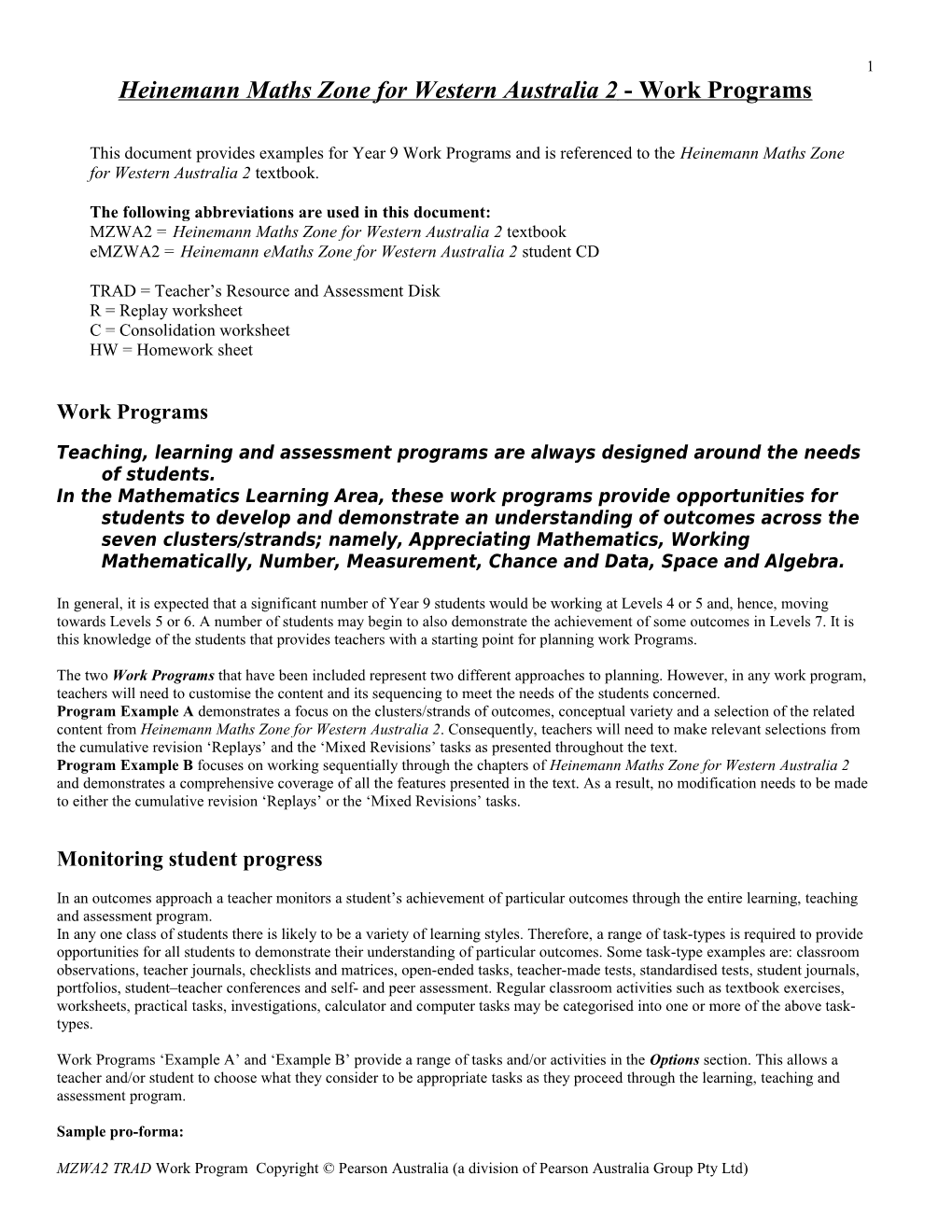 Heinemann Maths Zone for Western Australia 2 - Work Programs