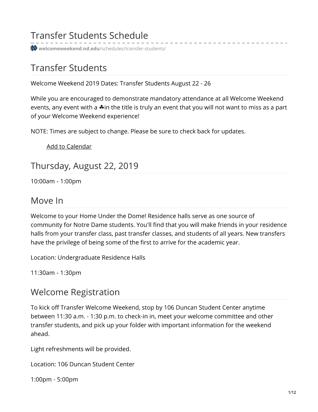 Transfer Students Schedule