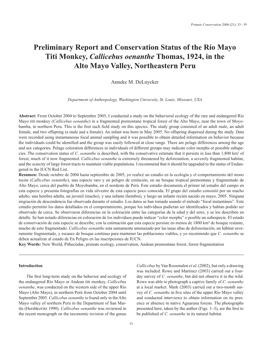 Conservation Status of Callicebus Oenanthe