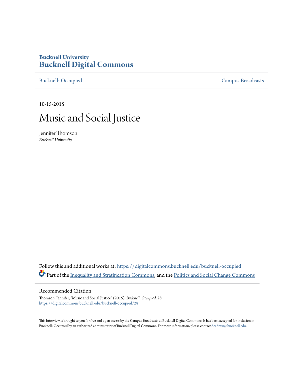 Music and Social Justice Jennifer Thomson Bucknell University