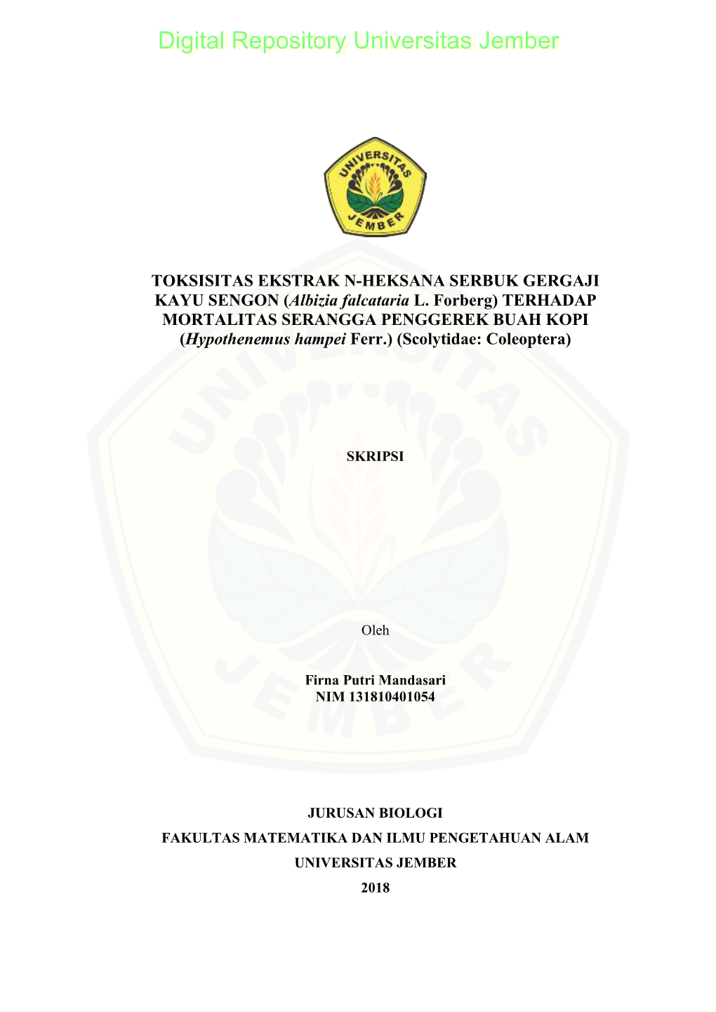 TOKSISITAS EKSTRAK N-HEKSANA SERBUK GERGAJI KAYU SENGON (Albizia Falcataria L