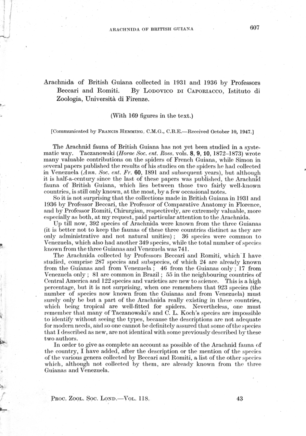 607 Arachnida of British Guiana Collected In