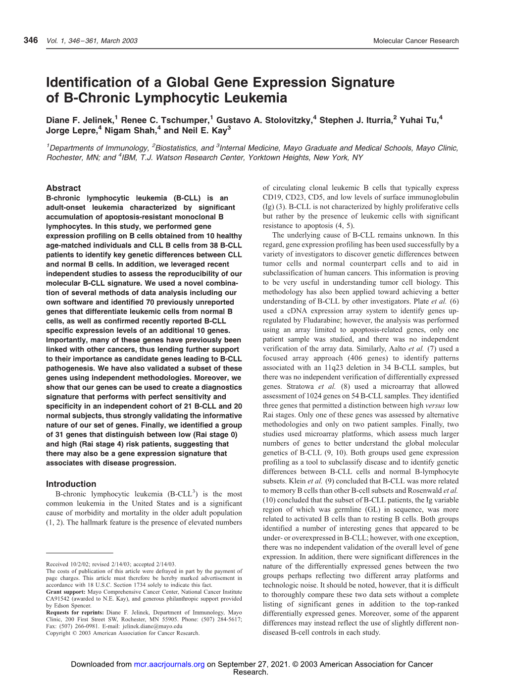 Identification of a Global Gene Expression Signature of B-Chronic Lymphocytic Leukemia