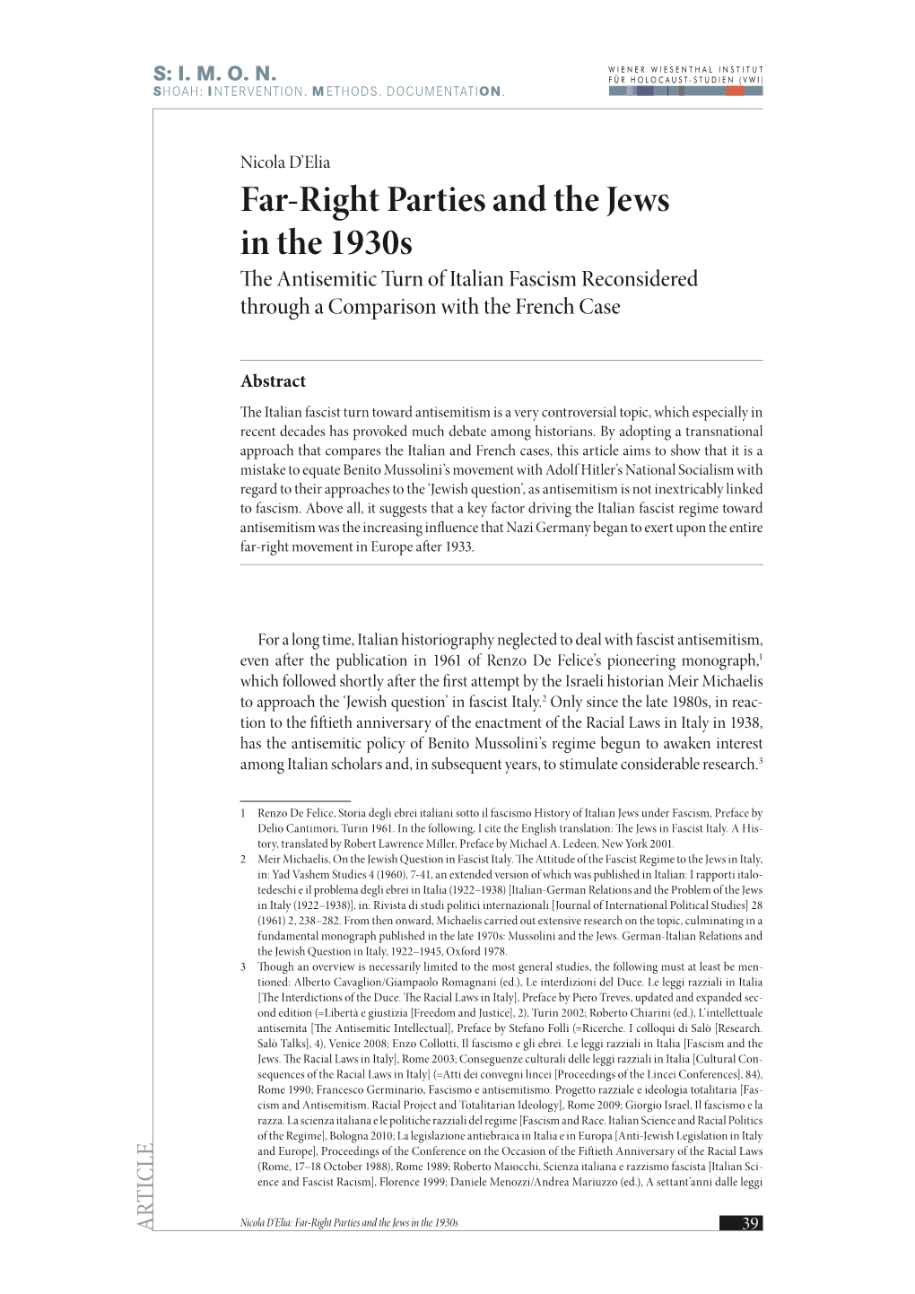 Far-Right Parties and the Jews in the 1930S the Antisemitic Turn of Italian Fascism Reconsidered Through a Comparison with the French Case