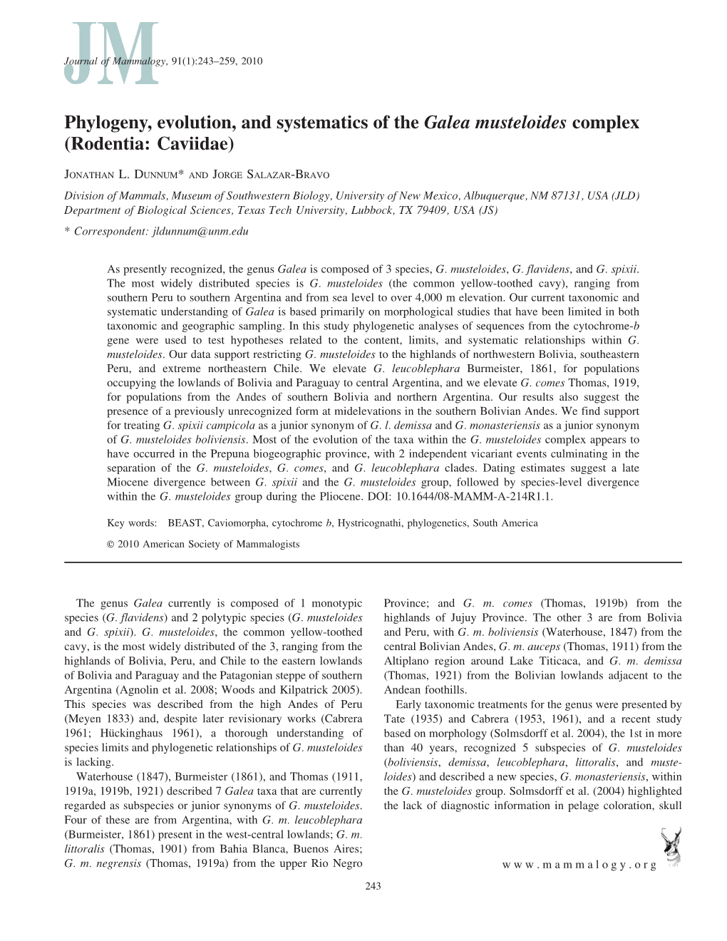 Phylogeny, Evolution, and Systematics of the Galea Musteloides Complex (Rodentia: Caviidae)