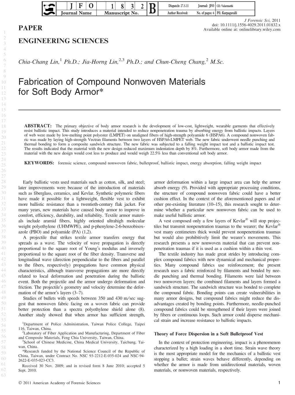 Fabrication of Compound Nonwoven Materials for Soft Body Armor*