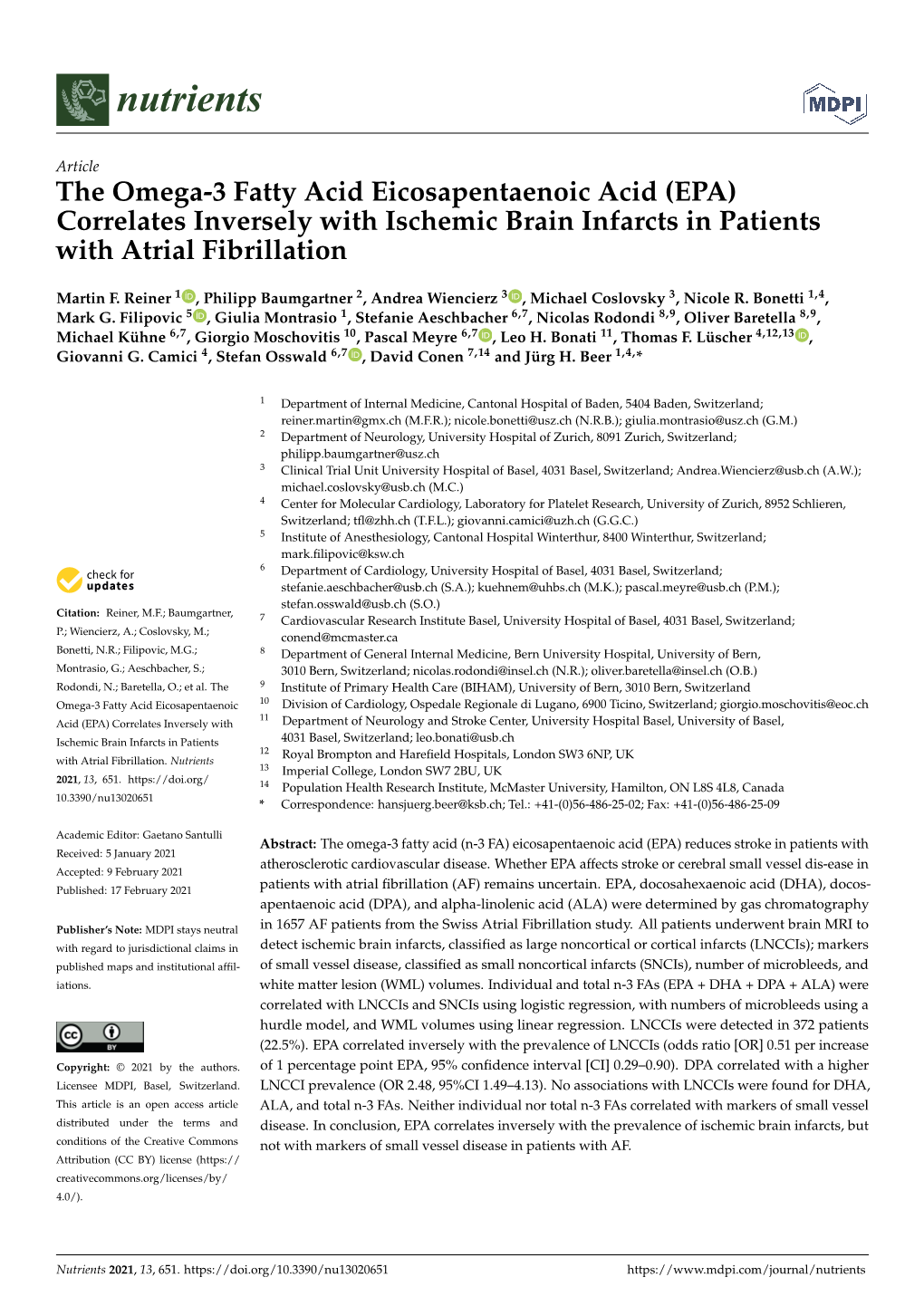 The Omega-3 Fatty Acid Eicosapentaenoic Acid (EPA) Correlates Inversely with Ischemic Brain Infarcts in Patients with Atrial Fibrillation