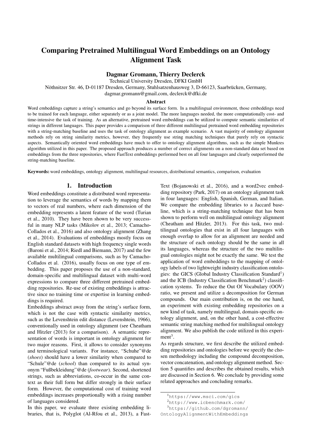 Comparing Pretrained Multilingual Word Embeddings on an Ontology Alignment Task