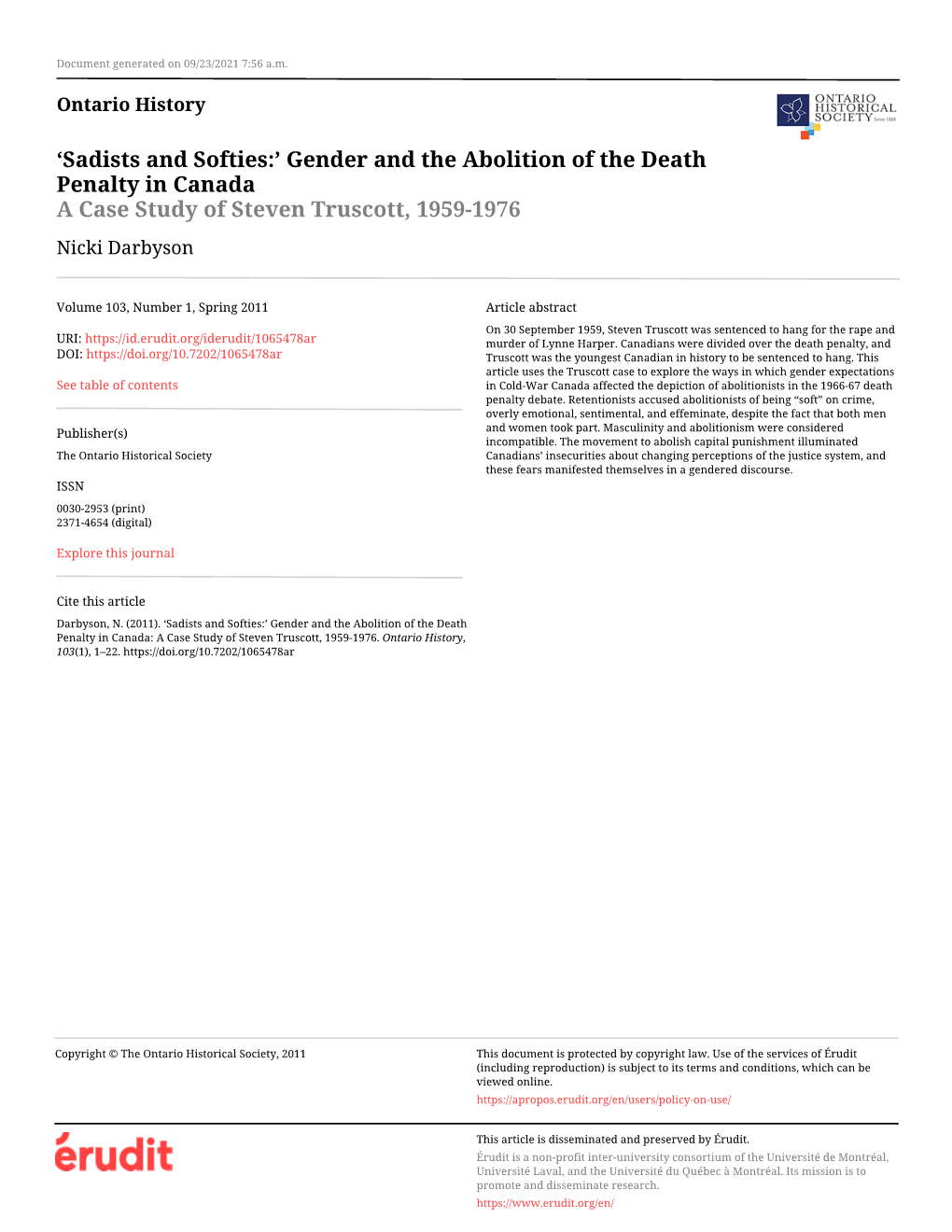 Gender and the Abolition of the Death Penalty in Canada a Case Study of Steven Truscott, 1959-1976 Nicki Darbyson