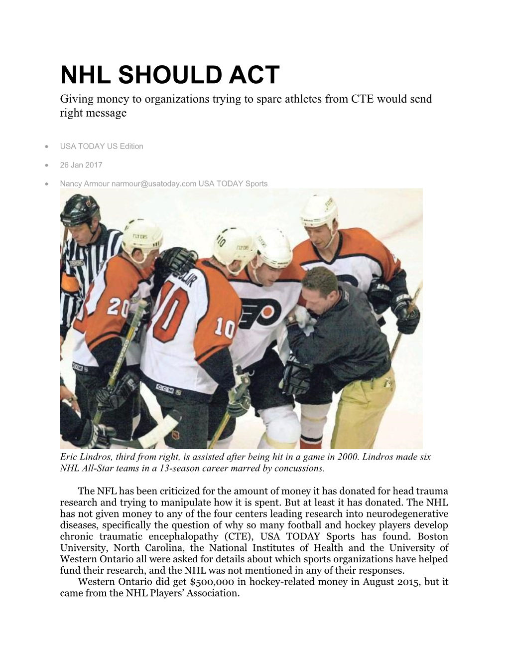 NHL Should Act on CTE Research