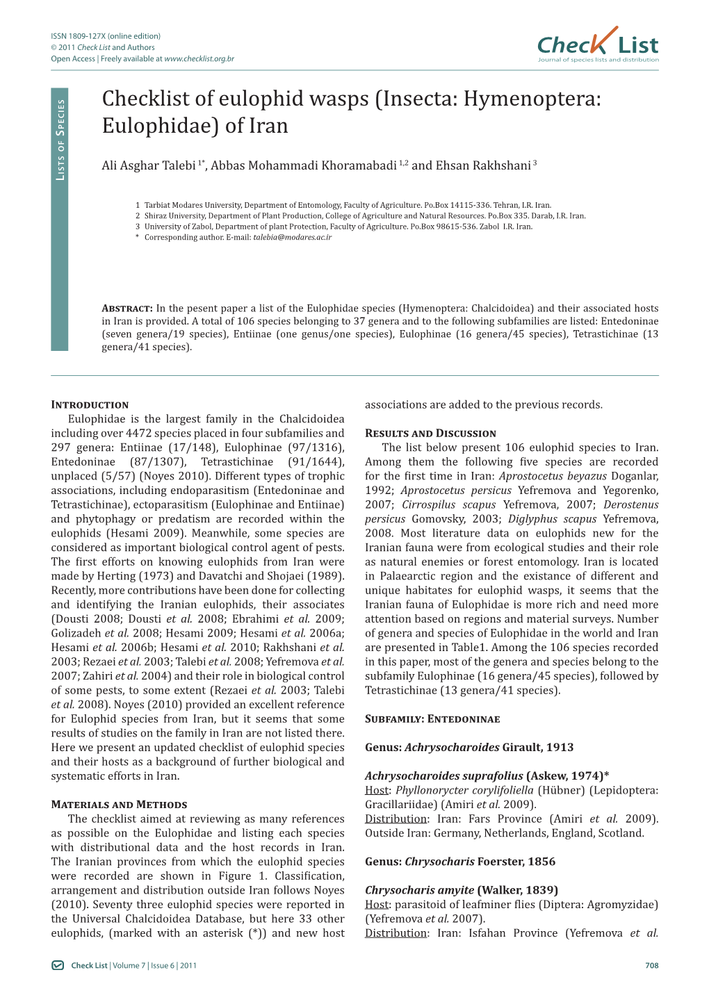 Checklist of Eulophid Wasps (Insecta: Hymenoptera: Eulophidae)