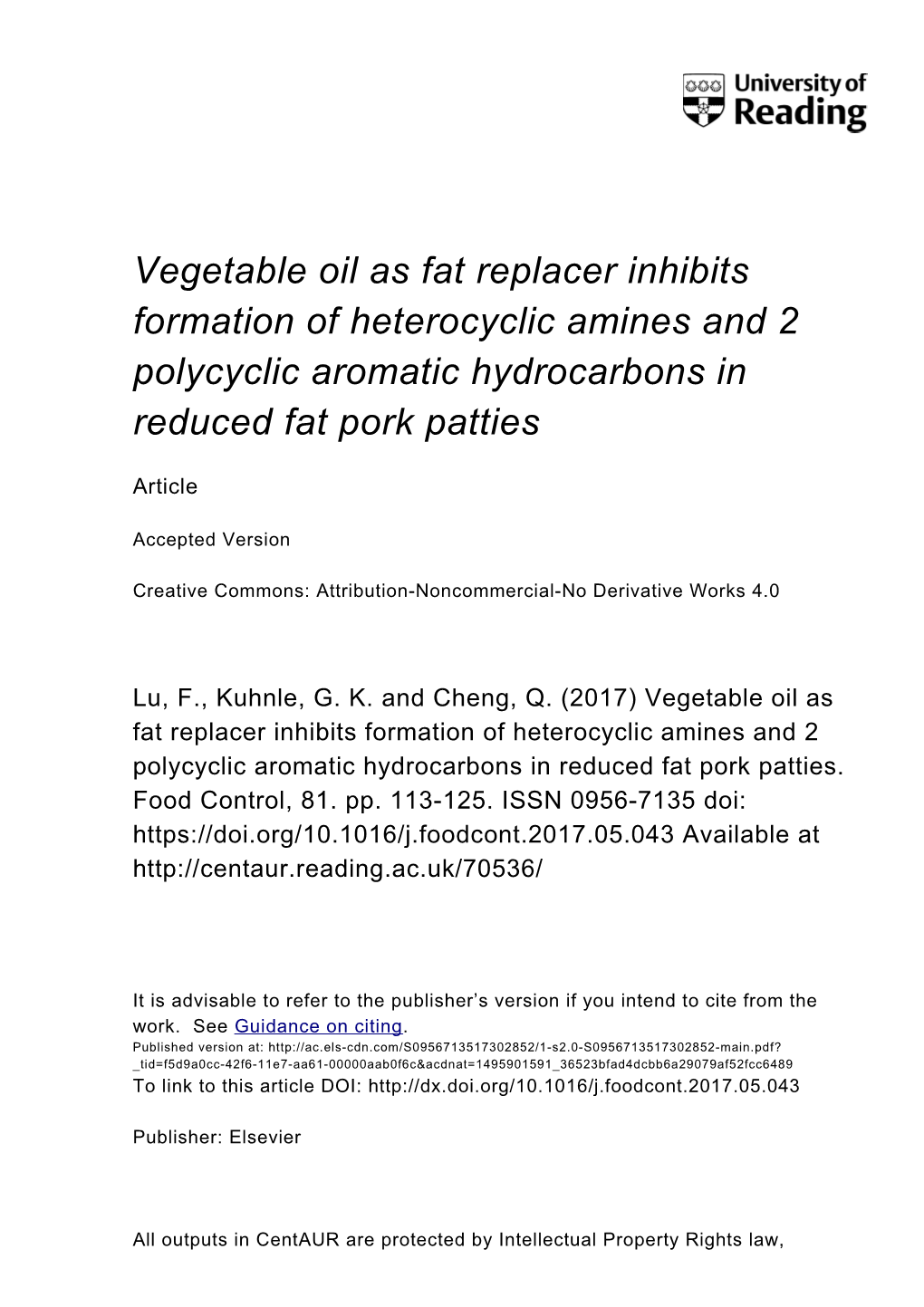 Vegetable Oil As Fat Replacer Inhibits Formation of Heterocyclic Amines and 2 Polycyclic Aromatic Hydrocarbons in Reduced Fat Pork Patties