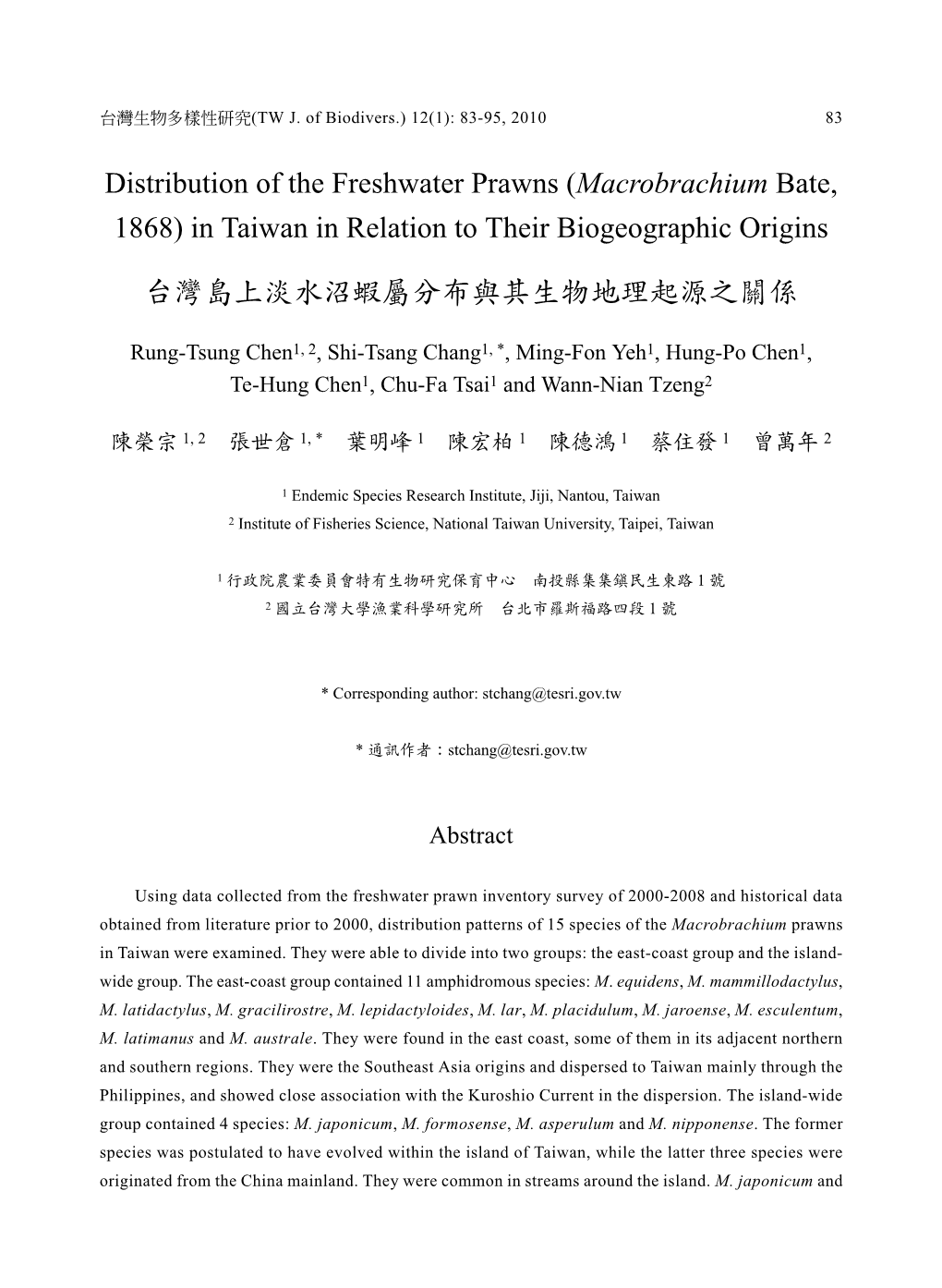 Macrobrachium Bate, 1868) in Taiwan in Relation to Their Biogeographic Origins