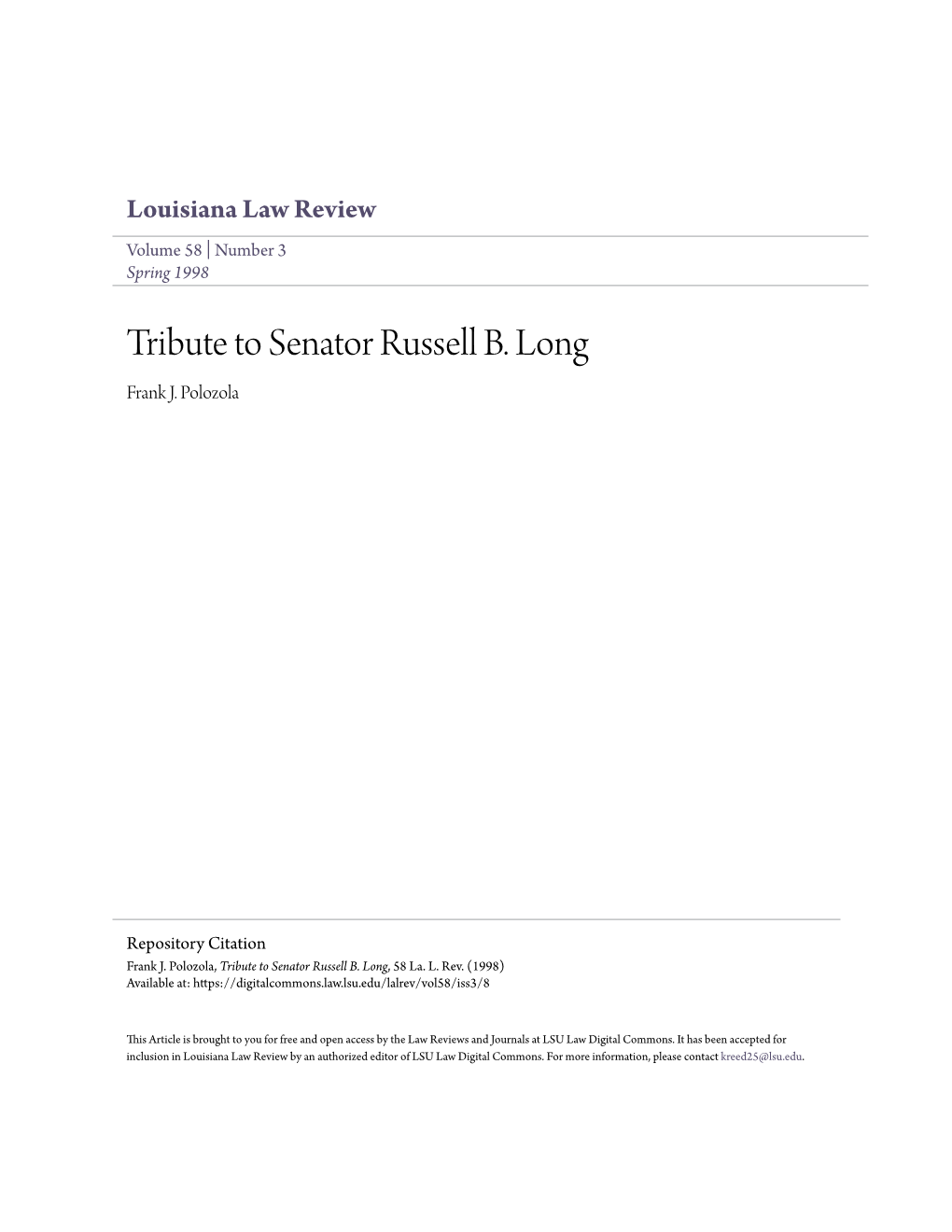 Tribute to Senator Russell B. Long Frank J