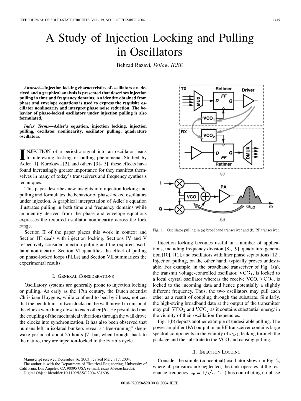 "A Study of Injection Locking and Pulling in Oscillators," IEEE Journal