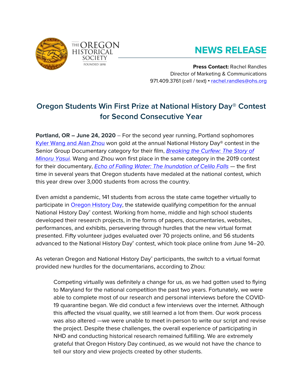 Oregon Students Win First Prize at National History Day® Contest for Second Consecutive Year