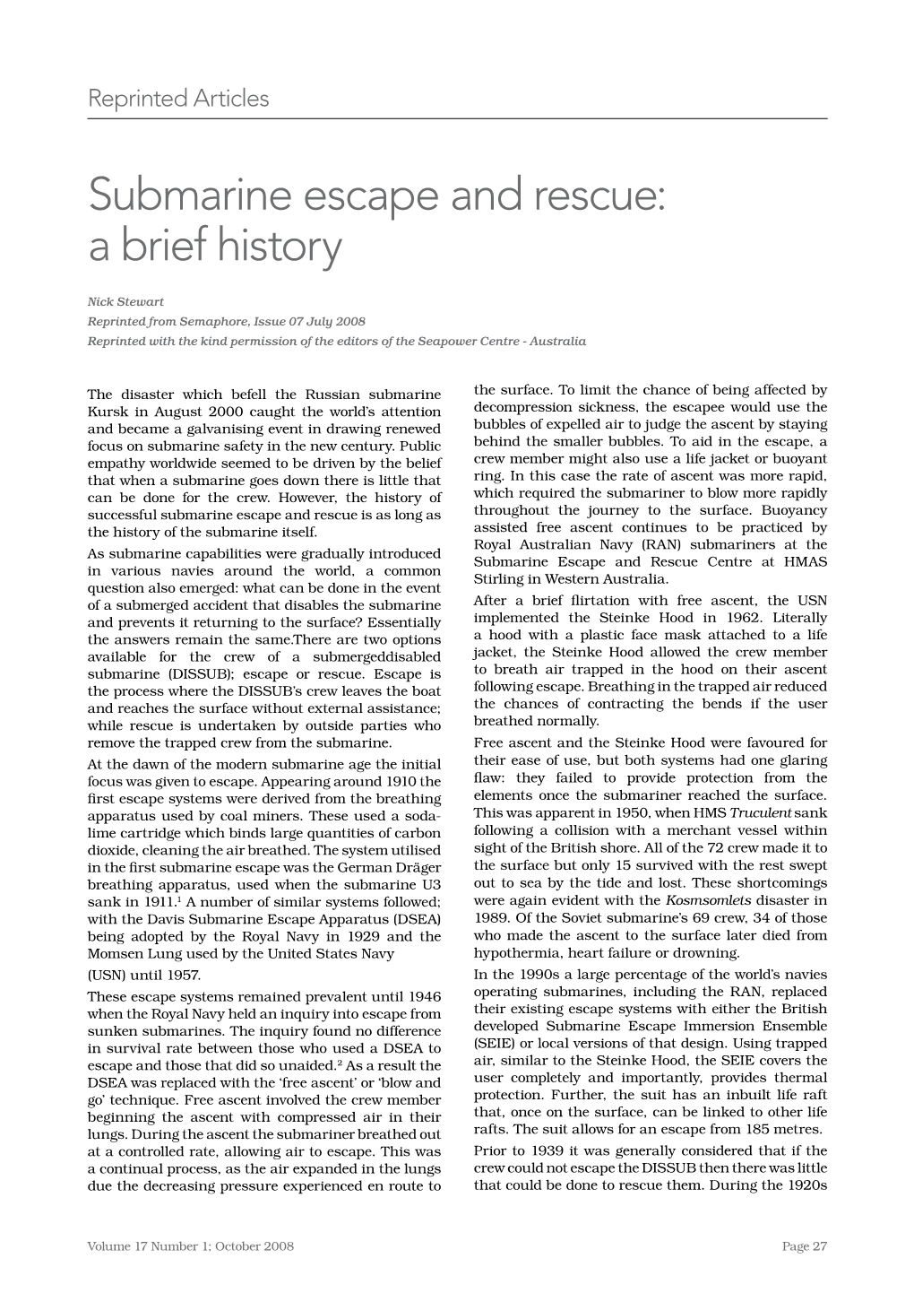 Submarine Escape and Rescue: a Brief History