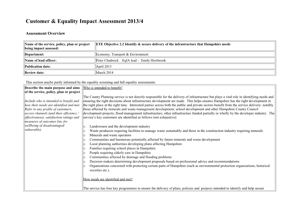 Customer & Equality Impact Assessment 2013/4