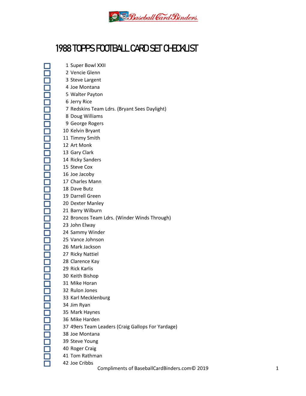 1988 Topps Football Card Set Checklist