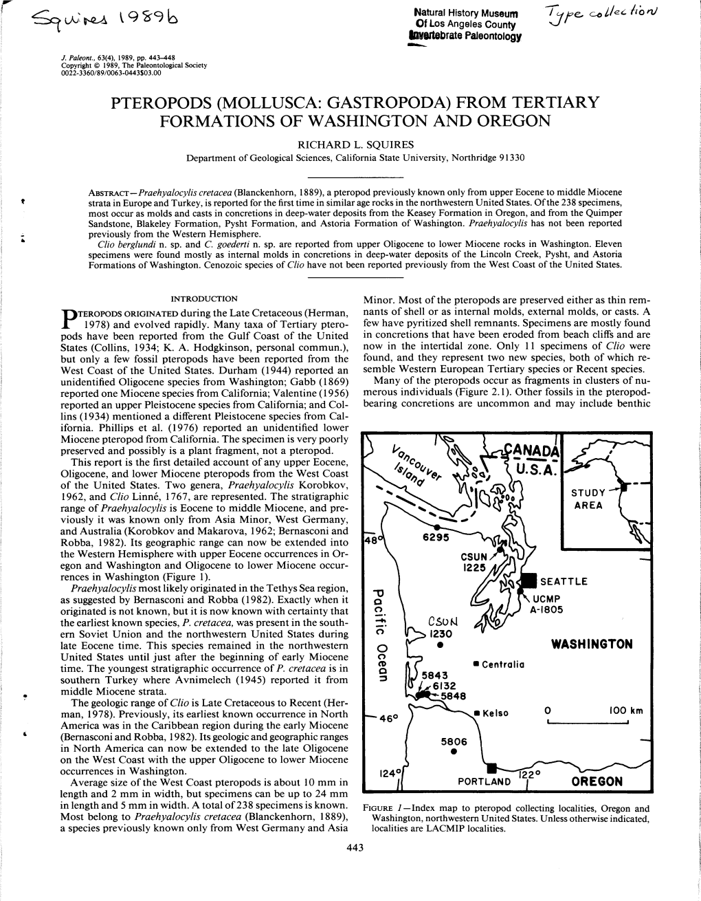 Pteropods (Mollusca: Gastropoda) from Tertiary Formations of Washington and Oregon Richard L