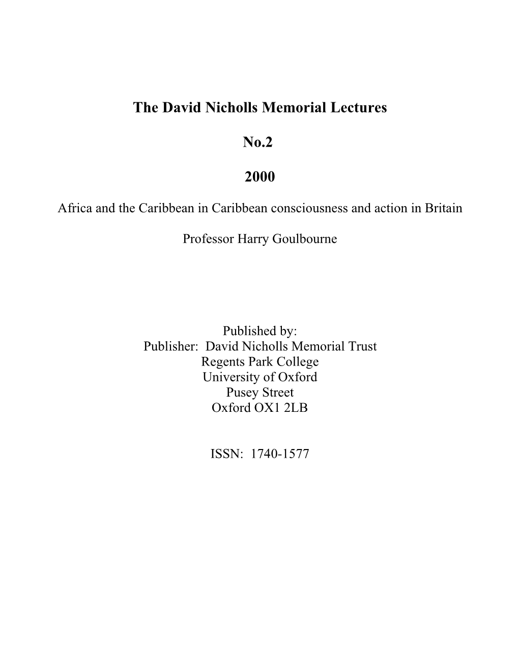 The David Nicholls Memorial Lectures No.2 2000