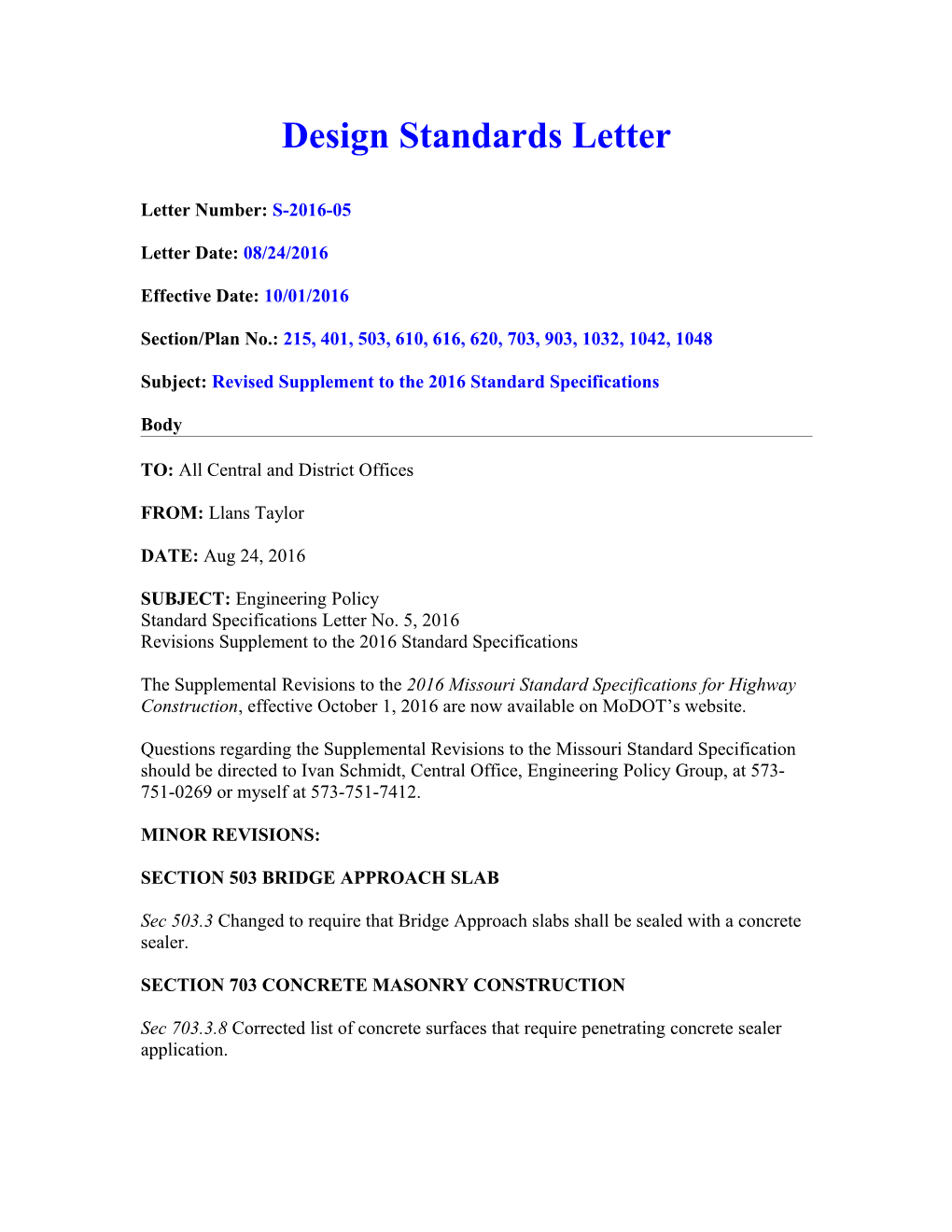 Design Standards Letter