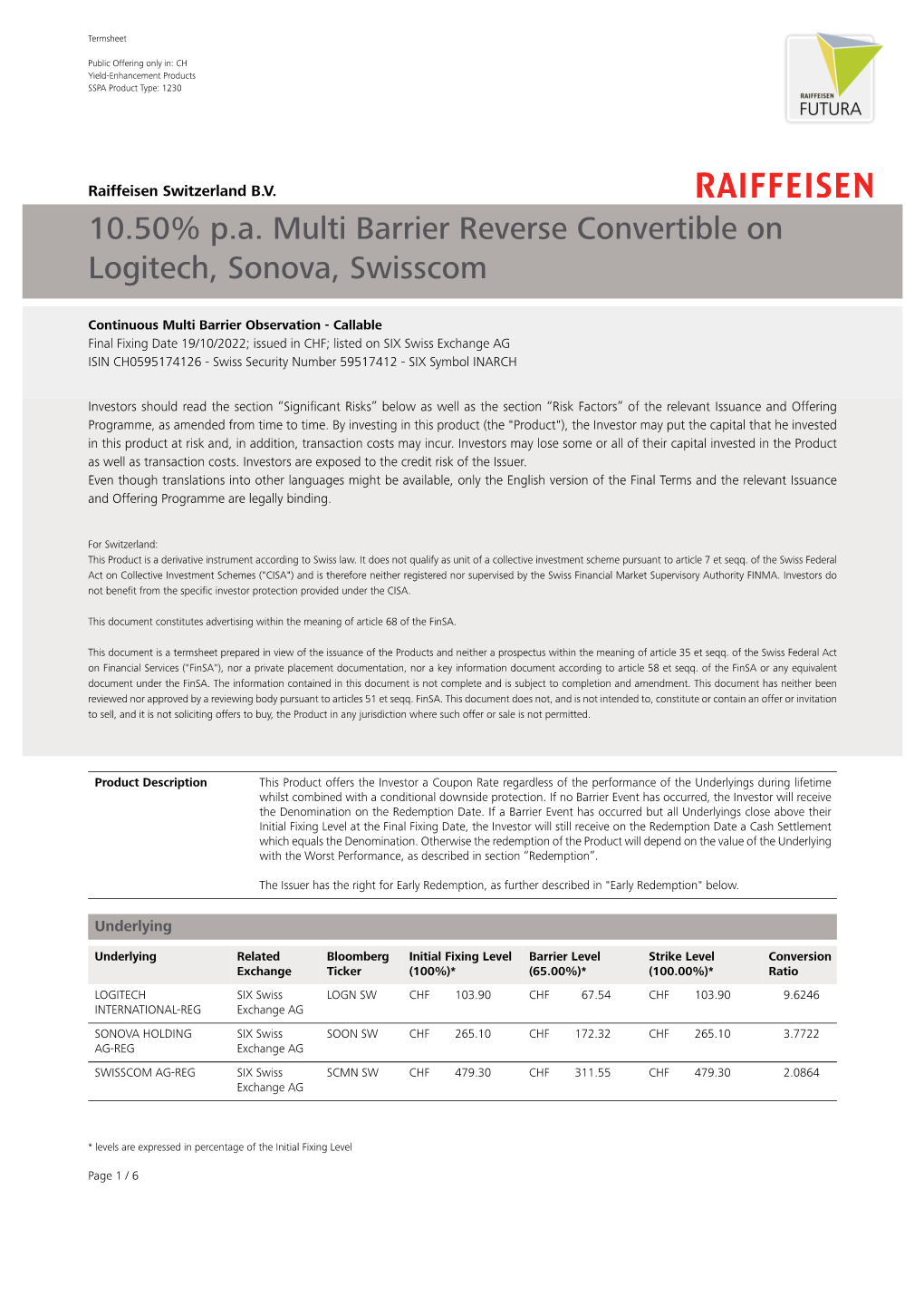 10.50% P.A. Multi Barrier Reverse Convertible on Logitech, Sonova, Swisscom