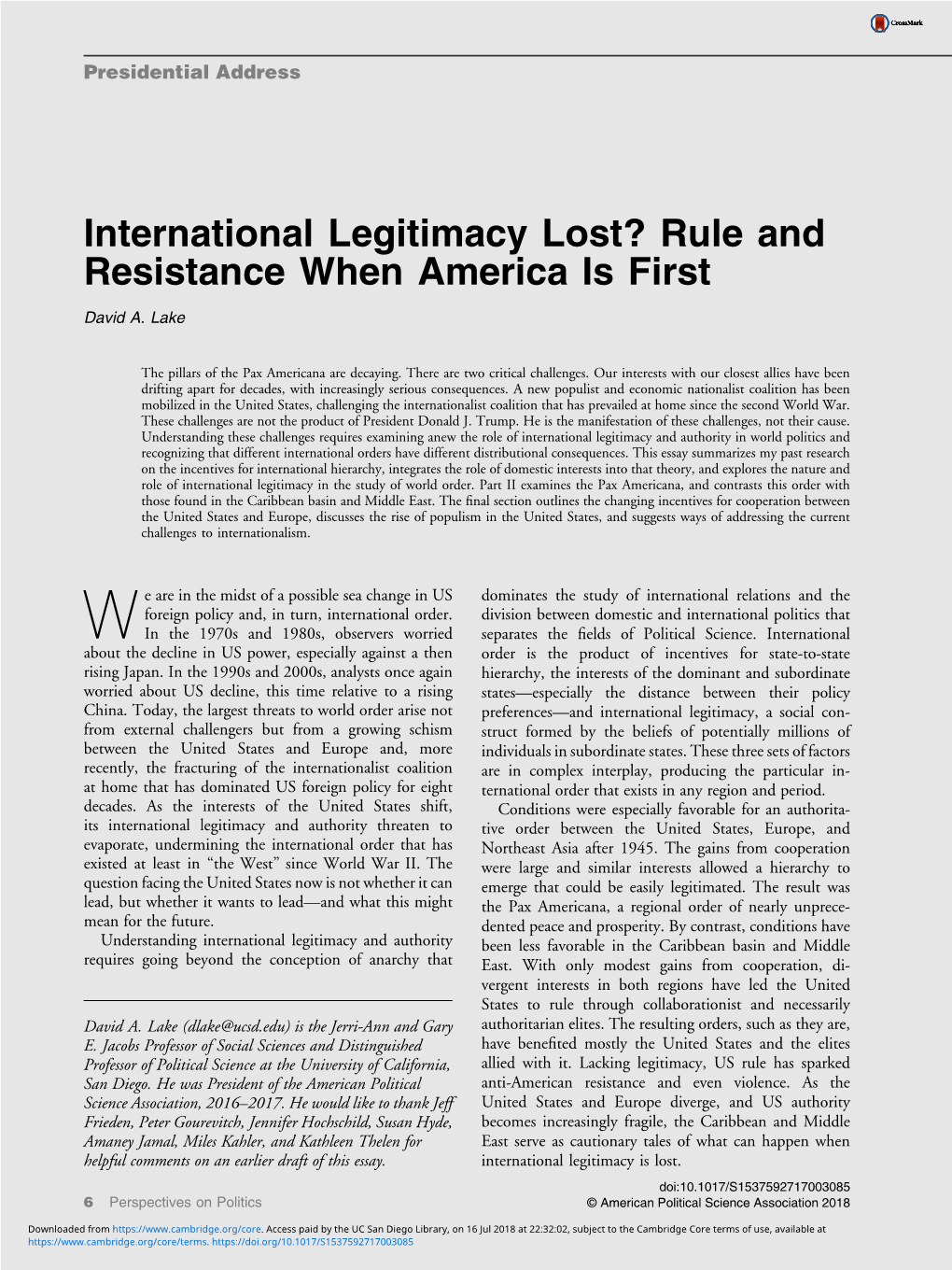 International Legitimacy Lost? Rule and Resistance When America Is First David A