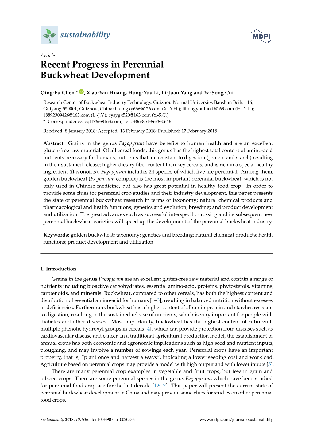 Recent Progress in Perennial Buckwheat Development