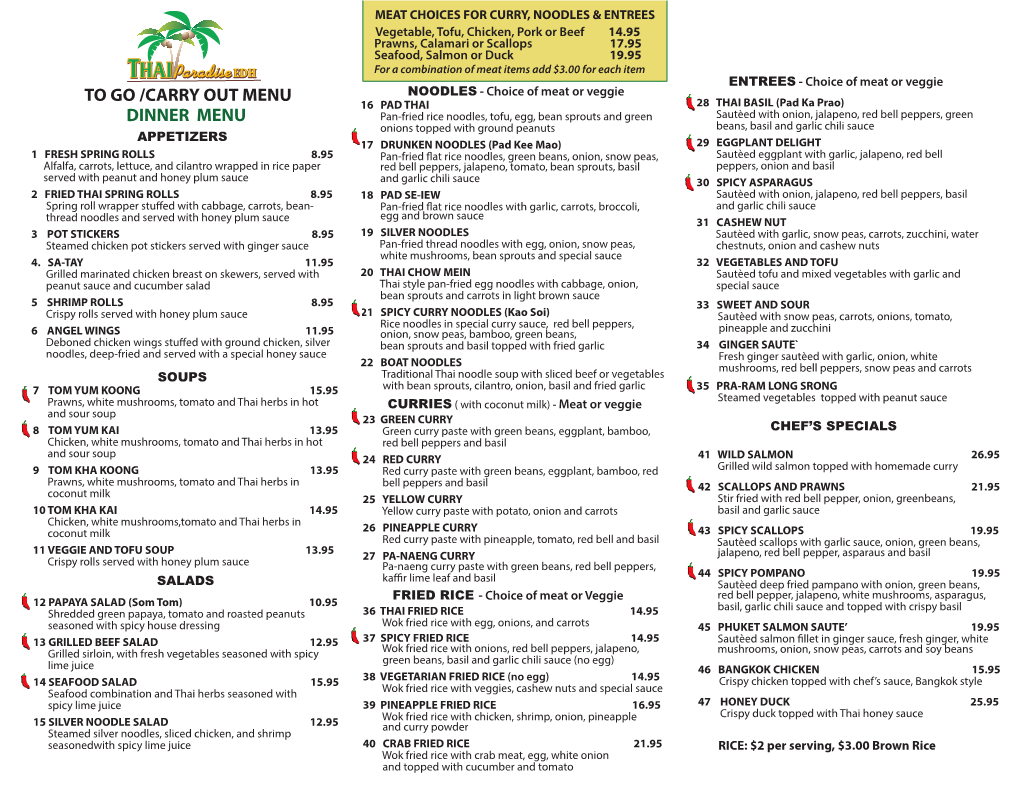 To Go /Carry out Menu Dinner Menu