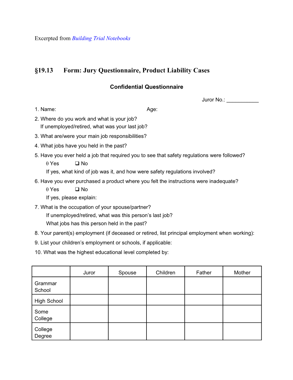 Jury Questionnaire, Product Liability Cases