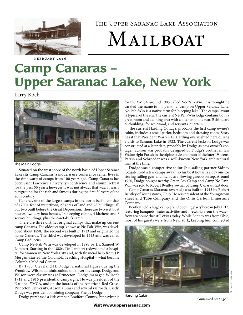 Mailboat February 2016 Camp Canaras – Upper Saranac Lake, New York Larry Koch for the YMCA Around 1905 Called Ne-Pah-Win