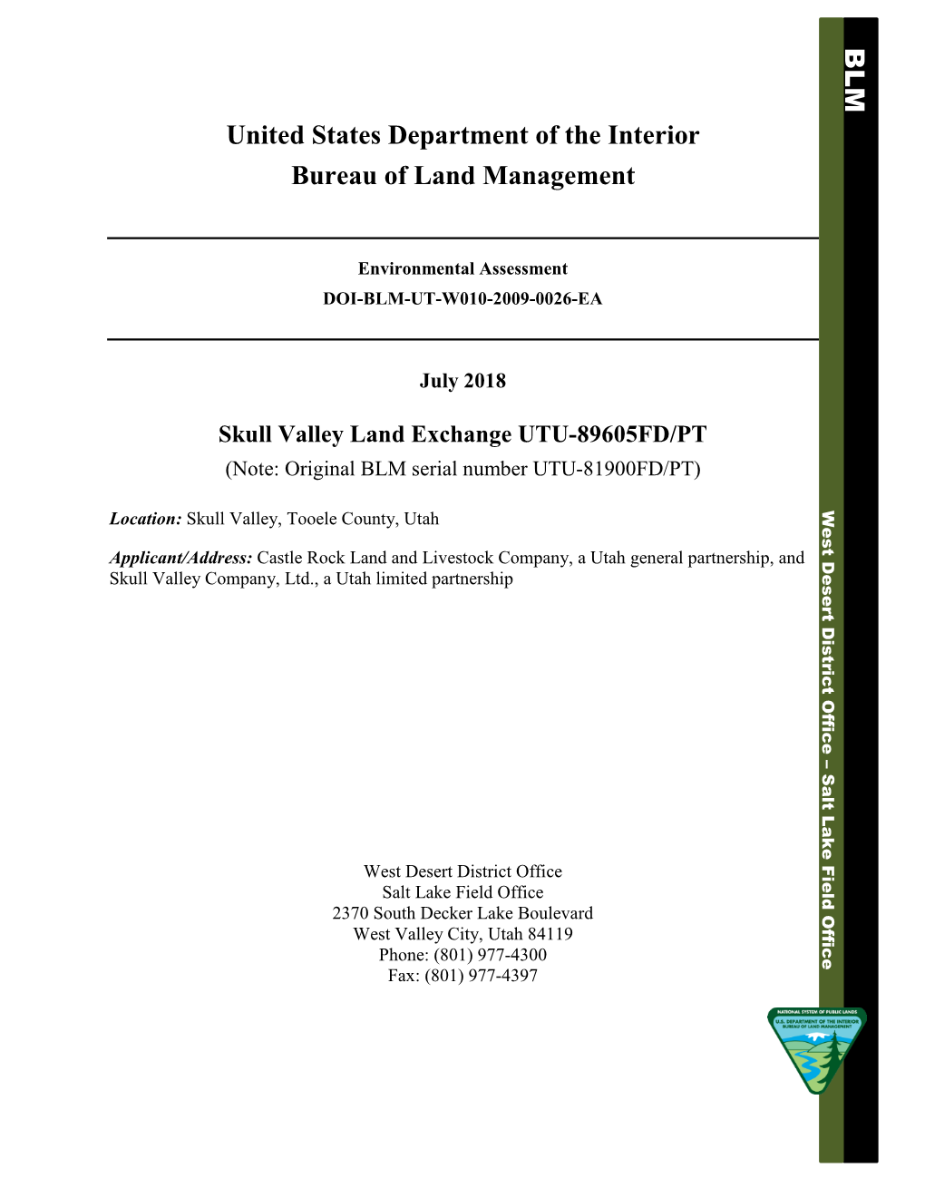 Skull Valley Land Exchange UTU-89605FD/PT