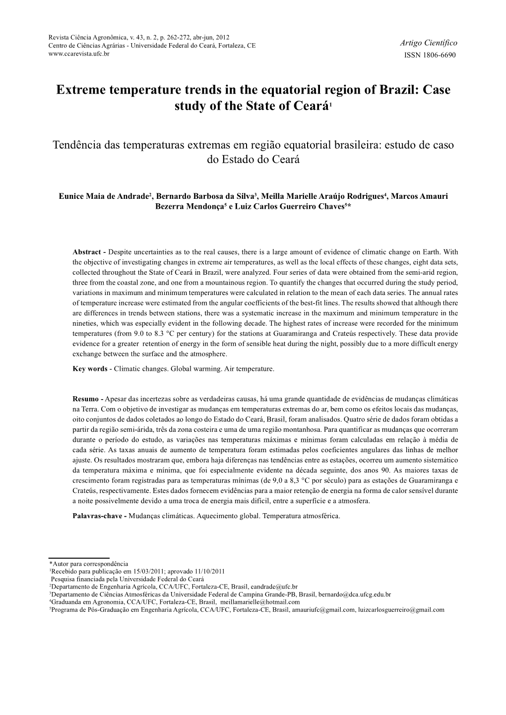 Extreme Temperature Trends in the Equatorial Region of Brazil: Case Study of the State of Ceará1
