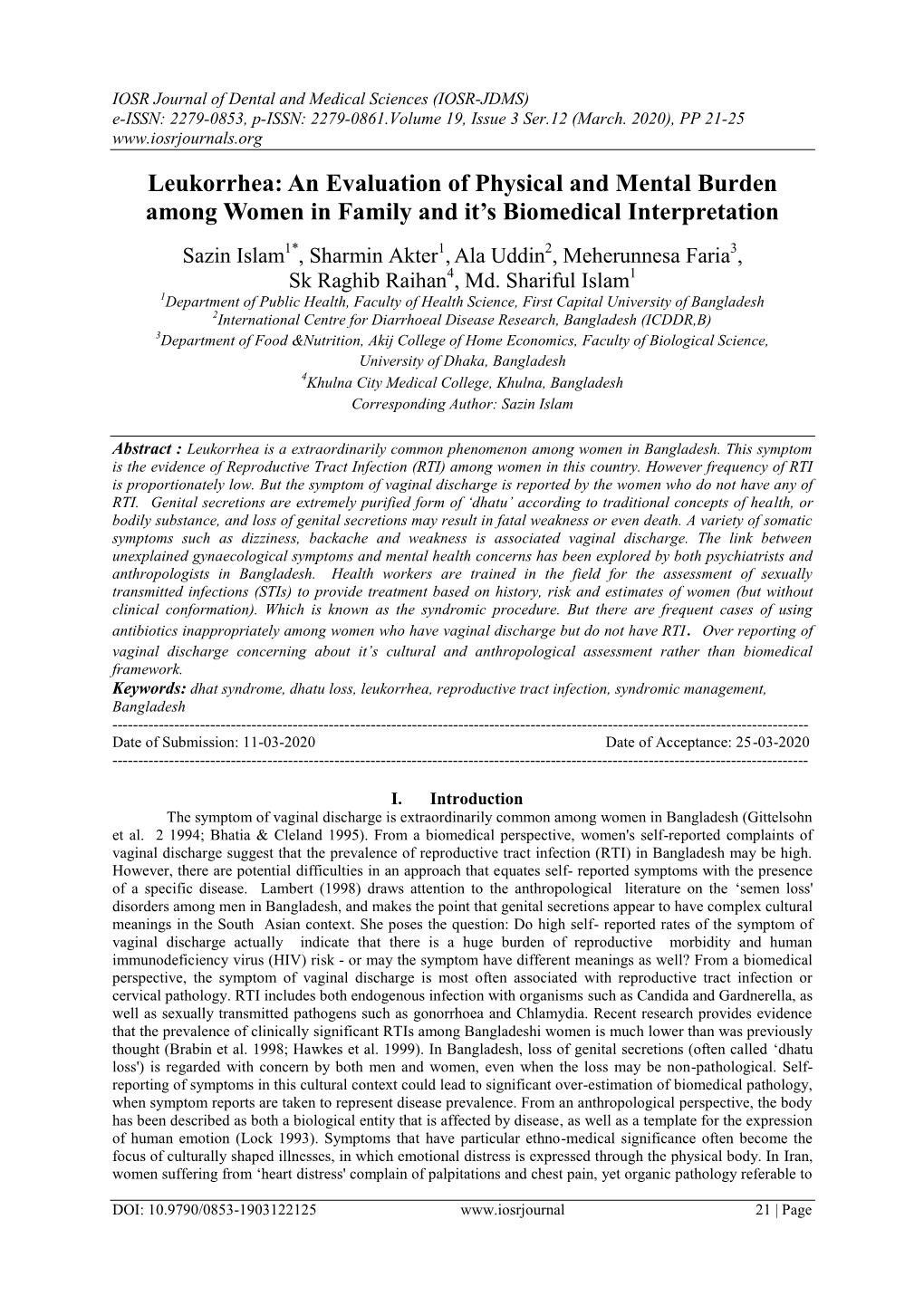 Leukorrhea: an Evaluation of Physical and Mental Burden Among Women in Family and It’S Biomedical Interpretation