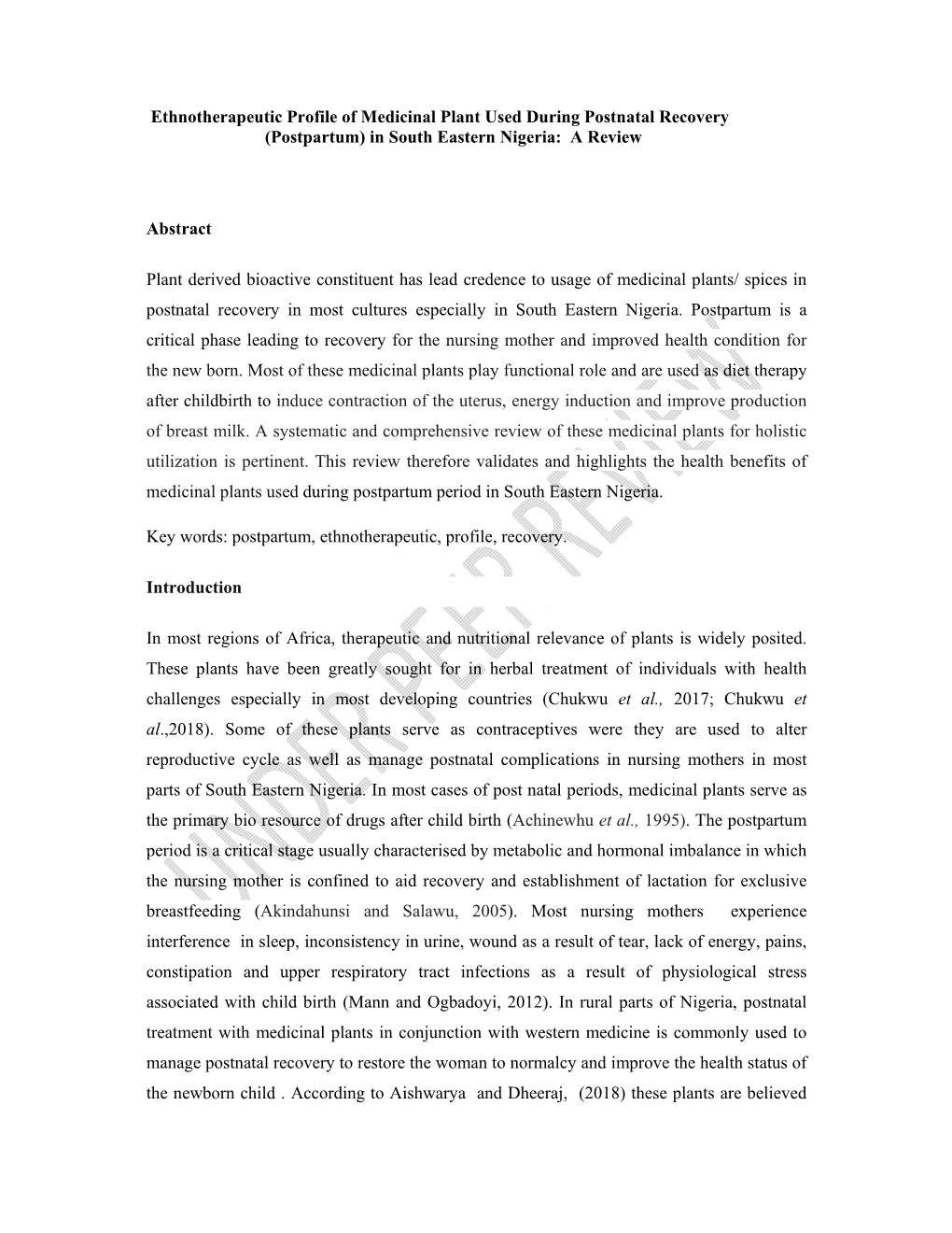 Ethnotherapeutic Profile of Medicinal Plant Used During Postnatal Recovery (Postpartum) in South Eastern Nigeria: a Review