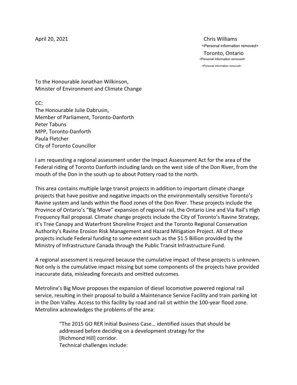 April 20, 2021 Chris Williams Toronto, Ontario to the Honourable Jonathan Wilkinson, Minister of Environment and Climate Change